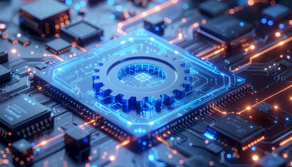 Fototapeta premium Dynamic futuristic circuit board with glowing blue and orange lights, symbolizing innovation and advanced technology in computing