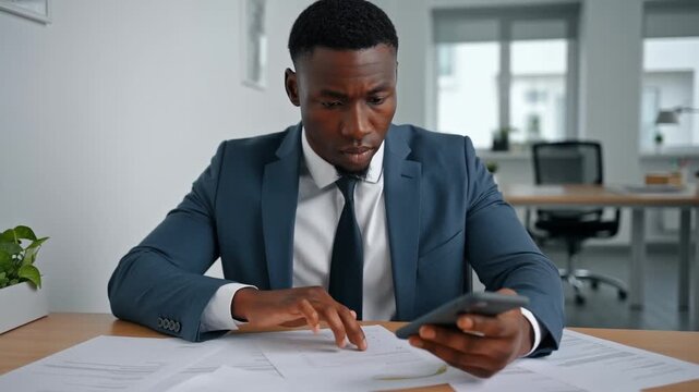 A focused man in a suit is deeply concentrating on his work. The scene shows him intently studying documents, likely related to architecture or design. Stock Video