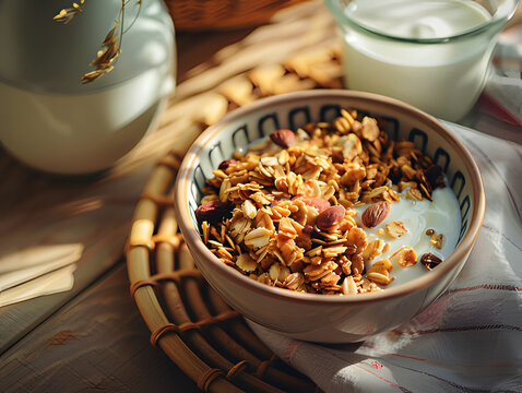 Healthy breakfast bowl of granola with yogurt and milk