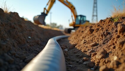 Underground cable installation involves excavating trench for infrastructure. Construction site shows yellow excavator, large cable. Project aims to connect power grid with renewable energy sources.