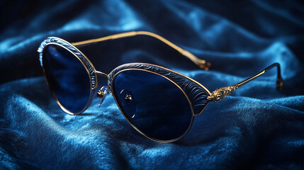 Elegant sunglasses with gold frame on plush velvet fabric offer a timeless style perfect for fashion editorials and upscale advertising campaigns