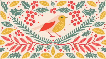 Charming robin bird surrounded by festive winter foliage and red berries in a whimsical flat design style
