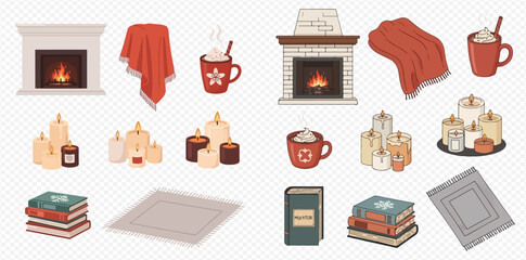 Cozy autumn and winter home decor collection with fireplaces, blankets, hot drinks, candles, books, and rugs.