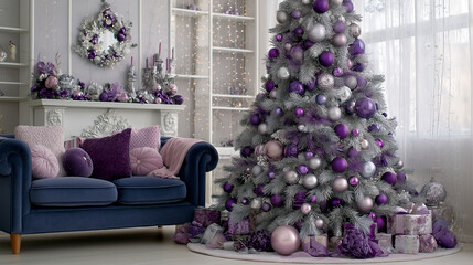 Festive Elegance: A beautifully decorated Christmas tree, adorned with silver and purple ornaments, stands as the centerpiece of a cozy and stylish living room, decorated with pillows and decorations.