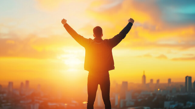 Silhouette man sunrise victory achievement celebration success empowerment - Powered by Adobe