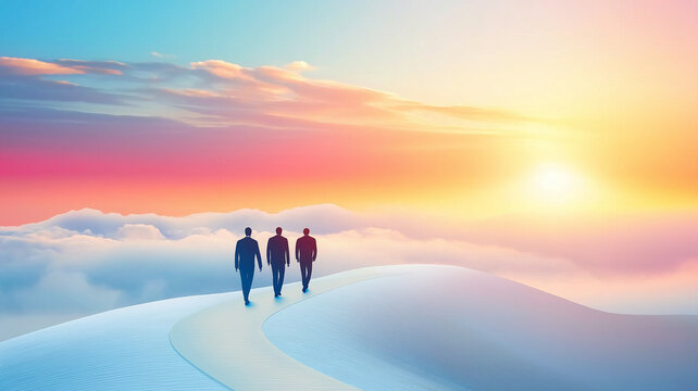 Three businesspeople walking along curved path above clouds toward colorful sunrise, teamwork and leadership inspiring hopeful collaboration