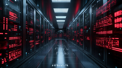 Powerful server room with vibrant red lights showcasing data processing and storage capabilities for modern cloud computing and IT infrastructure solutions