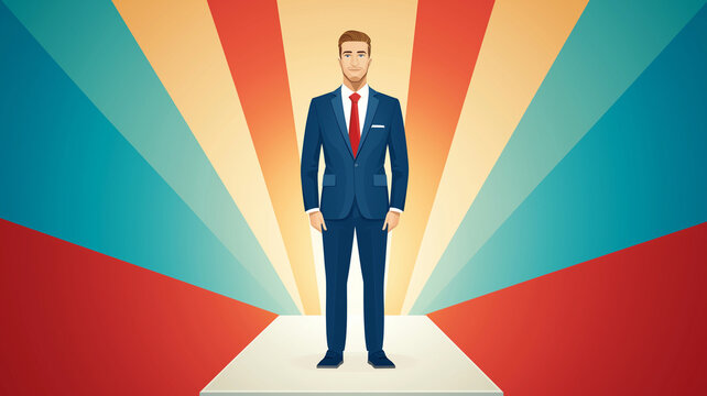 Man in blue suit standing on podium with radiant colorful rays background conveying leadership confidence and achievement