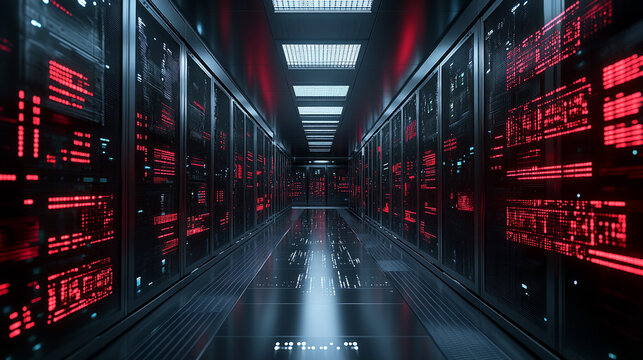 Powerful server room with vibrant red lights showcasing data processing and storage capabilities for modern cloud computing and IT infrastructure solutions - Powered by Adobe