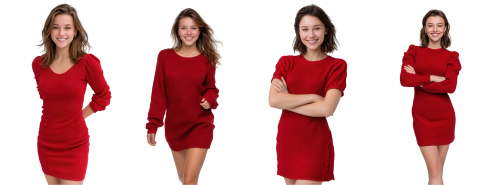 Confident young women wearing stylish knit red dresses are captured in full-body studio portraits. Diverse poses and youthful energy on a pristine white background