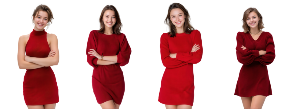 Vibrant elegance A collection of captivating studio portraits featuring a radiant young woman showcasing fashionable red dresses and confident style