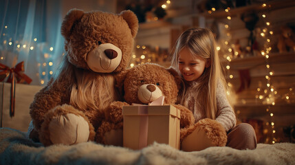 Unveiling Christmas Magic: A girl joyfully opens a gift box, revealing a plush teddy bear nestled beside two other teddies, all set against a warm, festive Christmas scene.