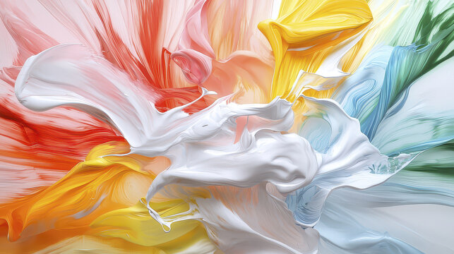 Vibrant abstract painting featuring swirling colors of red, orange, yellow, white, and blue, creating dynamic and energetic