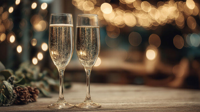 Champagne Toasting with Sparkles: A close-up of champagne glasses filled with sparkling, effervescent wine, poised on a wooden surface against a backdrop of soft bokeh lights.