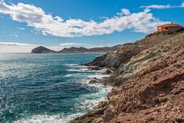Das Mittelmeer am Aussichtspunkt Josefina Huertas in San José, Provinz von Almería, Andalusien,...