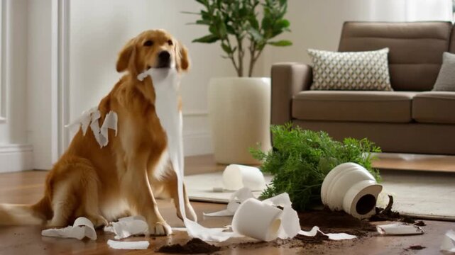 A playful dog has created a chaotic scene, surrounded by the aftermath of its mischievous adventure Stock Video