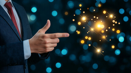Businessman hand pointing at glowing spark light effect with bokeh background conveying innovation and confidence