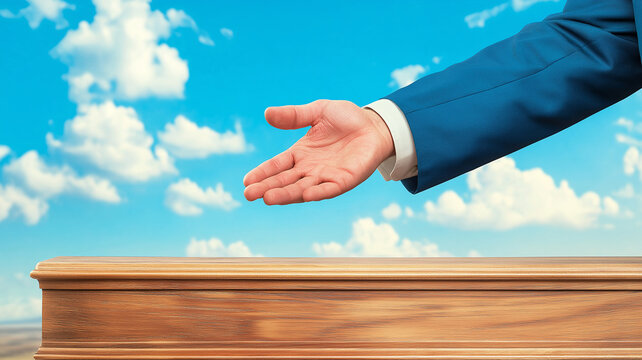 Businessman hand offering handshake above wooden podium under blue sky with clouds, welcoming gesture and professional meeting atmosphere