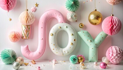 Festive and joyful decorations spelling out the word 'JOY' in soft pastel colors, perfect for celebrations