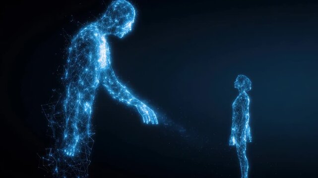 Holographic representation of agentic autonomy demonstrating the interaction between digital entities and human presence in a futuristic setting