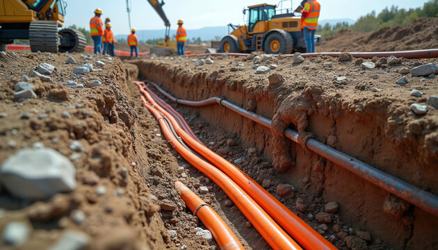 Underground cable install site with heavy machinery. Workers lay cables in trench. Groundwork for fiber optic lines. Construction work with equipment. Team wearing vests, safety helmets installing
