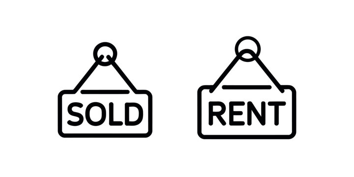 Two signs with sold and rent labels hanging on a white background in a minimalist style design illustration, artwork, vector - Powered by Adobe