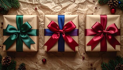 Three beautifully wrapped festive gift boxes with colorful satin ribbons, perfectly arranged on a rustic brown paper background, ready for holiday celebrations