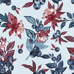 Blueberry vector seamless pattern illustration juicy blueberries and aquilegia flowers