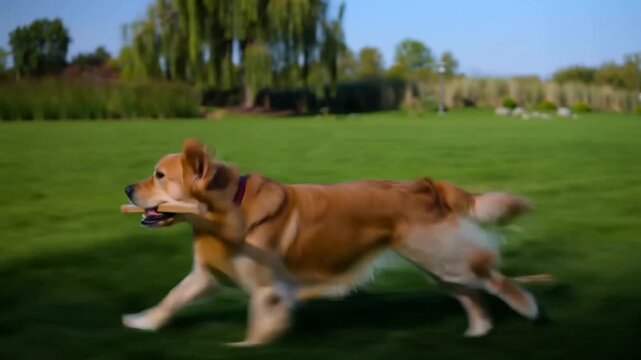 A golden retriever joyfully running across a green lawn, carrying a stick in its mouth. The dog appears to be in motion, capturing a sense of freedom and happiness Stock Video