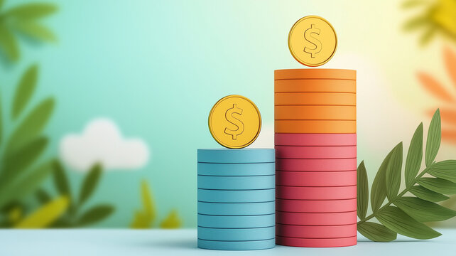 Colorful stacked coin podium with two gold coins and tropical leaves conveying financial growth and achievement in bright outdoor scene