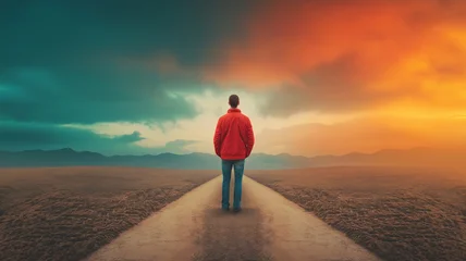 Plexiglas schilderij Cappuccinokleur Man standing on road person standing on road sunset sky dramatic clouds lone man red jacket jeans back view open landscape mountain silhouette  © kampolsuk