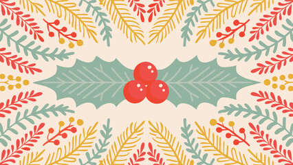 Festive christmas border design with holly leaves berries pine branches and subtle floral elements on a light background