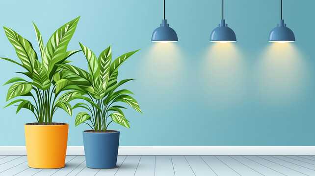 Indoor potted tropical plant arrangement with modern ceramic pot on wooden floor under pendant lights conveying calm natural ambiance