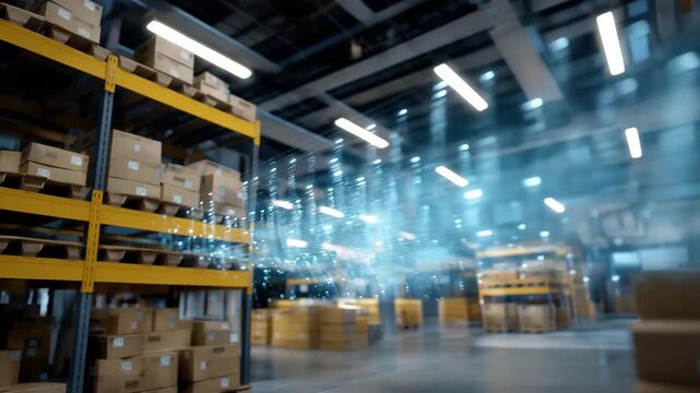 Futuristic warehouse displaying holographic blockchain supply chain data, emotion of precision and innovation visible, representing automated logistics monitoring, AI-driven inventory management, - Powered by Adobe