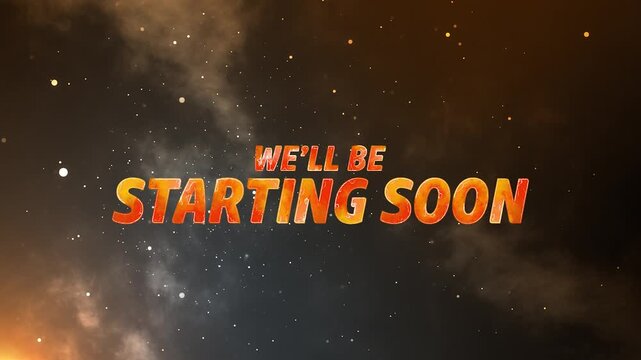 neon we,ll be starting soon text in yellow and red colour with particles and clouds on orange and blue background
