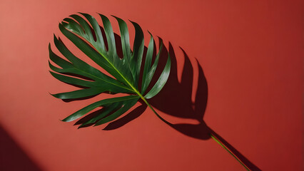 Obraz premium Tropical Palm Leaf Shadow on Red Background with Strong Sunlight