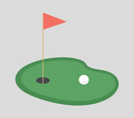 Fototapeta premium Golf Course Putting Green Vector Illustration Flat Design with Hole, Red Flag, and Golf Ball