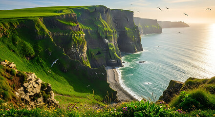 A scenic view of the cliffs of moher with birds flying over the atlantic ocean at sunset in ireland ai generated