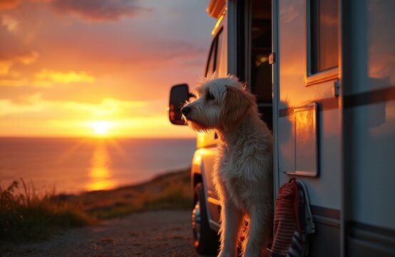 Fluffy dog watches sunset from open camper van door by sea. Pet enjoys view from recreational vehicle on road trip vacation. Animal looks out window.