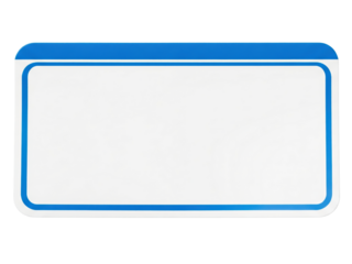 Blank white name tag with a blue border for identification on a transparent background