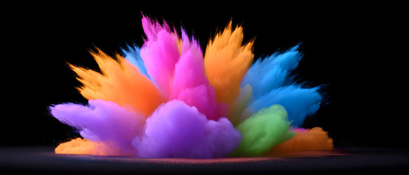 Colorful powder splash and diffusion on black background