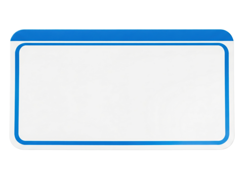 Blank white name tag with a blue border for identification on a transparent background