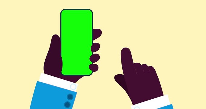 Dark skin moving hands press middle phone transparent. Cartoon animated businessman moving character for finger scroll gsm phone isolated. Business explainer flat design people movie video.
