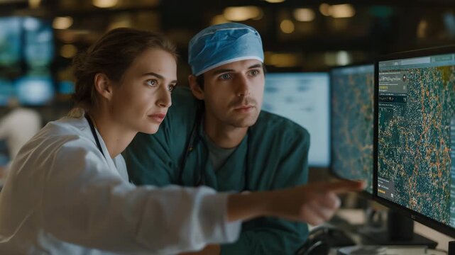 Hospital staff collaborating in front of a cloud-based 911 coordination dashboard, sharing real-time patient data across multiple facilities during a medical emergency, highlighting digital - Powered by Adobe