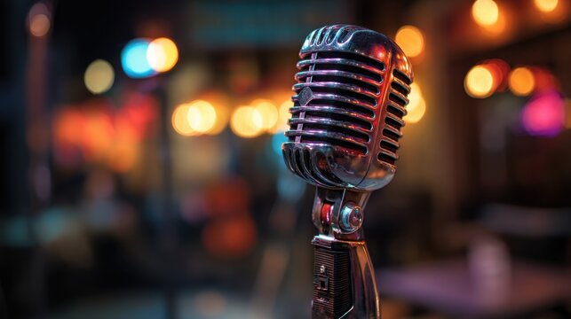 Vintage Microphone on Stage in Nightclub with Blurred Colorful Lights