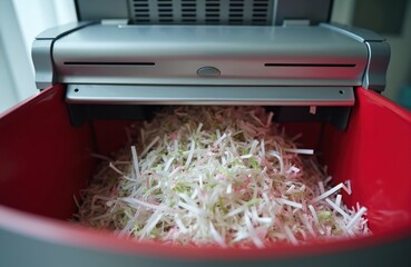 Paper shredder works destroying documents. Machine cuts office papers into small strips. Shredded info in bin shows data security, confidential waste disposal, privacy protection. Recycle scrap paper