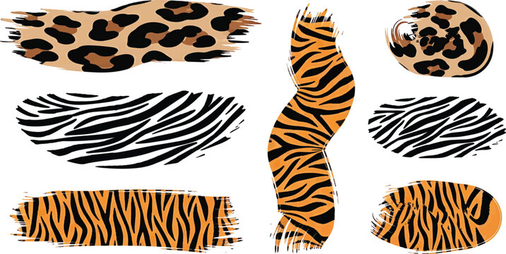 A trendy collection of vector grunge brush strokes featuring wild animal prints like tiger stripes, leopard spots, and zebra patterns, isolated for modern fashion and textile design.