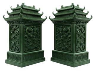 Two traditional asian style jade lanterns with dragon sculptures on a transparent background