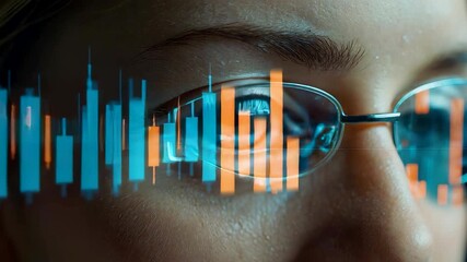 Blue and orange financial data charts reflected in glasses of woman analyzing digital stock trading market graphs in dark environment - Powered by Adobe