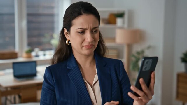 An annoyed professional woman reacts to content on her smartphone. Her expression shows a blend of frustration and dissatisfaction. Stock Video